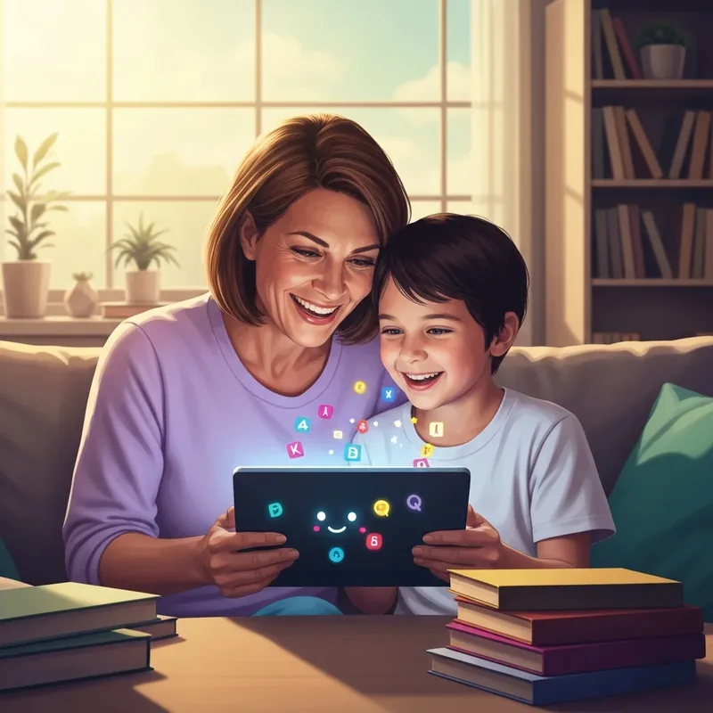 A mother and child using a kid friendly dictionary on a tablet for homework success.