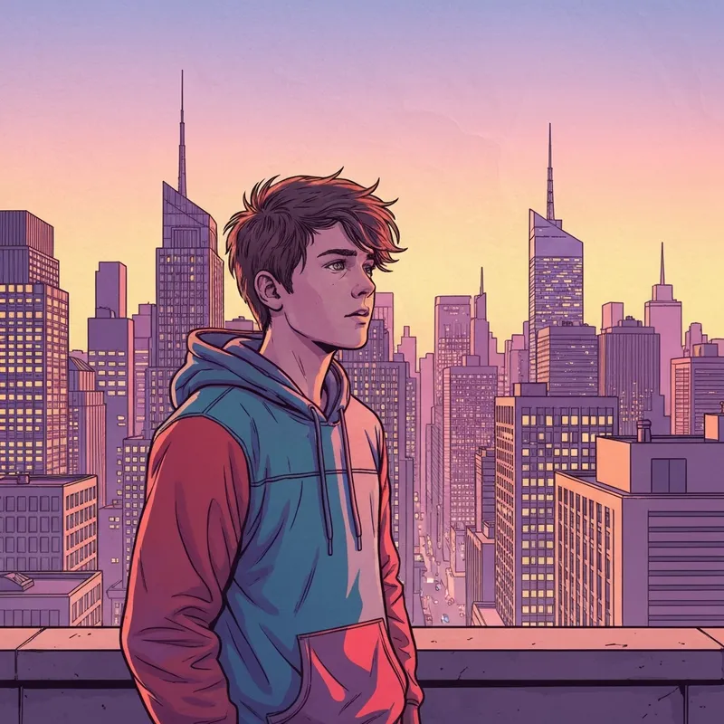 A cinematic reimagining of Peter Parker from Your Friendly Neighborhood Spider-Man reviews, standing on a NYC rooftop.