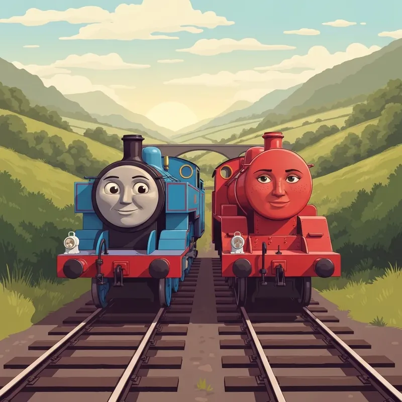 The iconic duo from Thomas and Friends Thomas and Rosie sitting side-by-side on Sodor tracks.