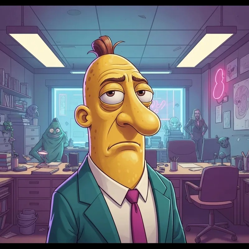 The smiling friends yellow guy, Charlie Dompler, standing in a surreal office environment representing Gen Z burnout culture.