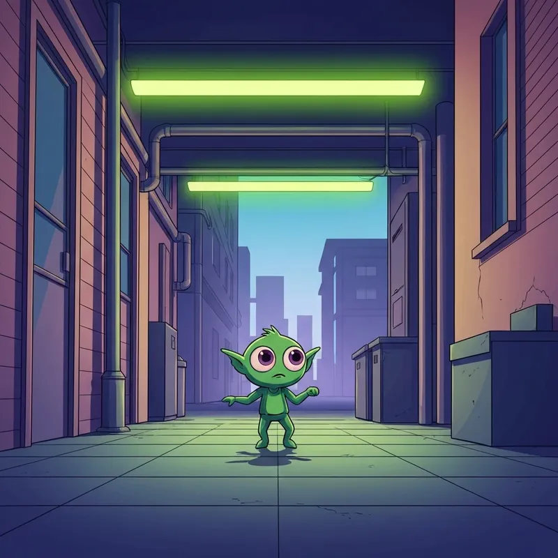 A surrealist creature reminiscent of a smiling friends charli xcx crossover dancing in a neon green alleyway.