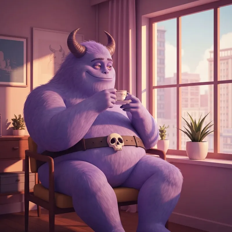 A 3D render of Eduardo Foster's Home for Imaginary Friends in a cozy modern apartment, representing the gentle giant archetype.