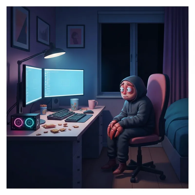 The smiling friends shrimp character sitting in a dark room illuminated by computer monitors, representing the gamer shrimp meme and social anxiety.