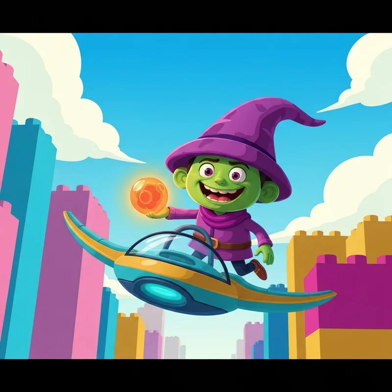 The green goblin spidey and friends character flying on a glider in a bright, preschool-friendly city setting.