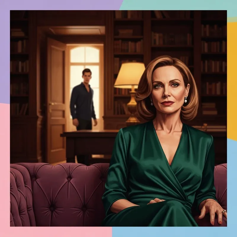 A sophisticated woman representing the mother and friend sex archetype in a cinematic library setting.