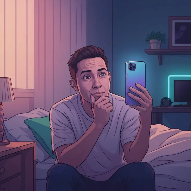 A young adult contemplating how to send friend request on their smartphone in a modern, neon-lit room.