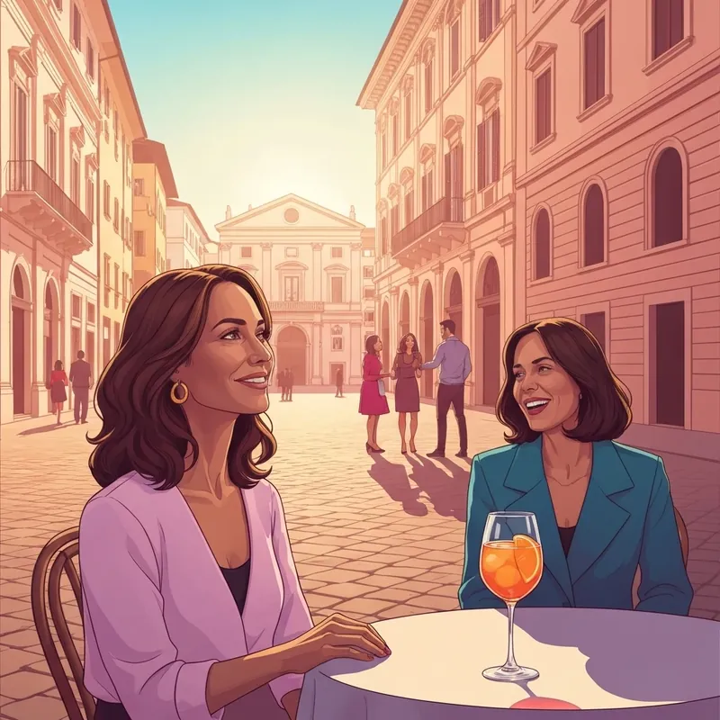 A young woman sitting in a sun-drenched piazza while trying to find friends italy during golden hour.