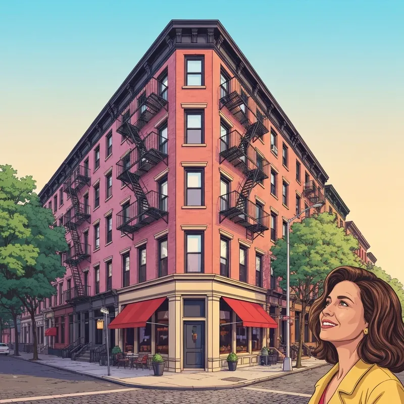 The iconic exterior of the friends apartment greenwich village at 90 Bedford Street during a sunny afternoon.