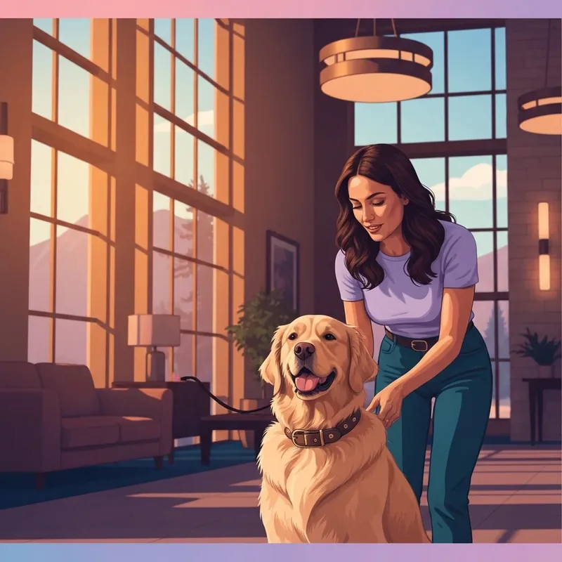 A woman and her Golden Retriever checking into one of the pet friendly hotels in reno.