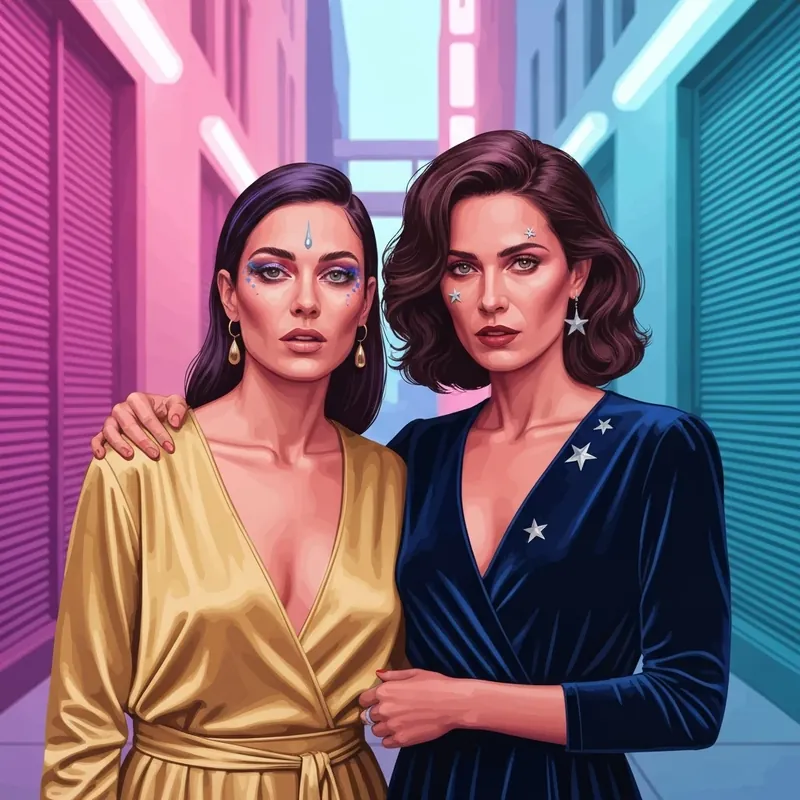 Two young women posing in a high-fashion, coordinated best friend costume under neon city lights.