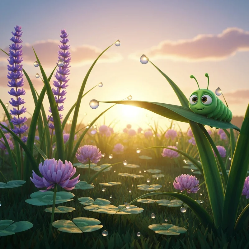 A peaceful garden scene reminiscent of the world of hermie and friends, featuring a gentle caterpillar on a leaf at sunrise.