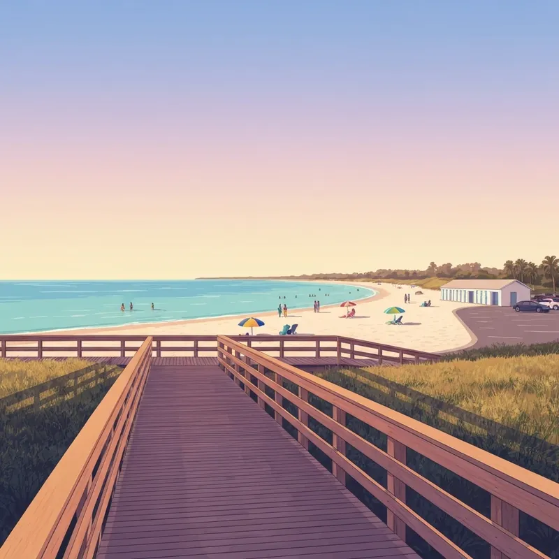 A peaceful and organized view of family friendly beaches near me with soft sand and calm water during golden hour.