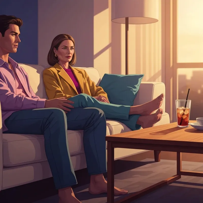 A peaceful living room scene where a person is noticing my friends feet resting on a coffee table during sunset.