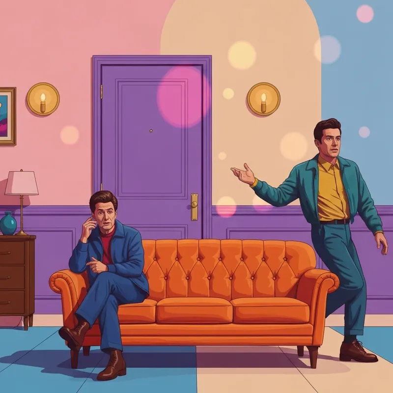 The vibrant stage set of friends the musical parody featuring an iconic orange sofa and a purple door.