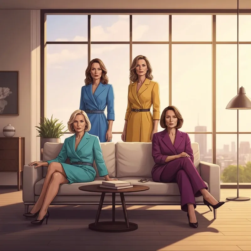 Elegant and sophisticated female characters inspired by the stepmothers friends genre in a luxury penthouse setting.