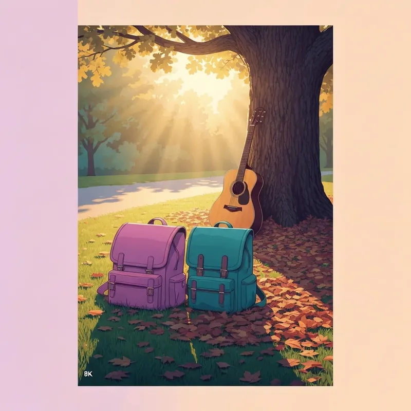 Vintage school backpacks and an acoustic guitar in autumn, evoking the nostalgic feeling of we're going to be friends white stripes lyrics.