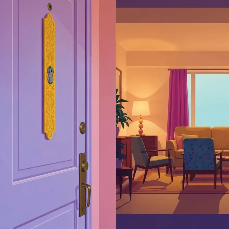 A close-up of a purple friends door with a yellow peephole frame in a cozy apartment.