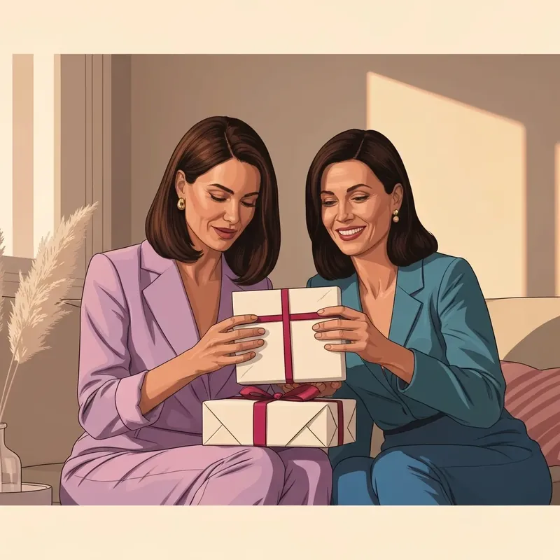 Two best friends laughing while opening a meaningful engagement present for friend in a cozy home setting.