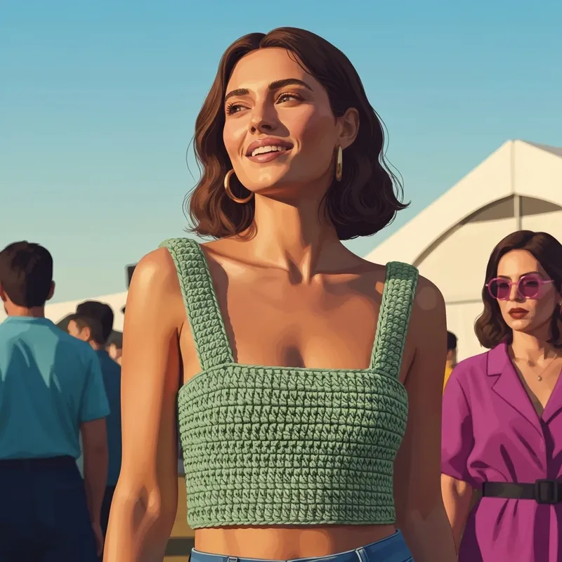 A stylish woman wearing a top made from a crochet bra friendly crop top pattern at a festival.