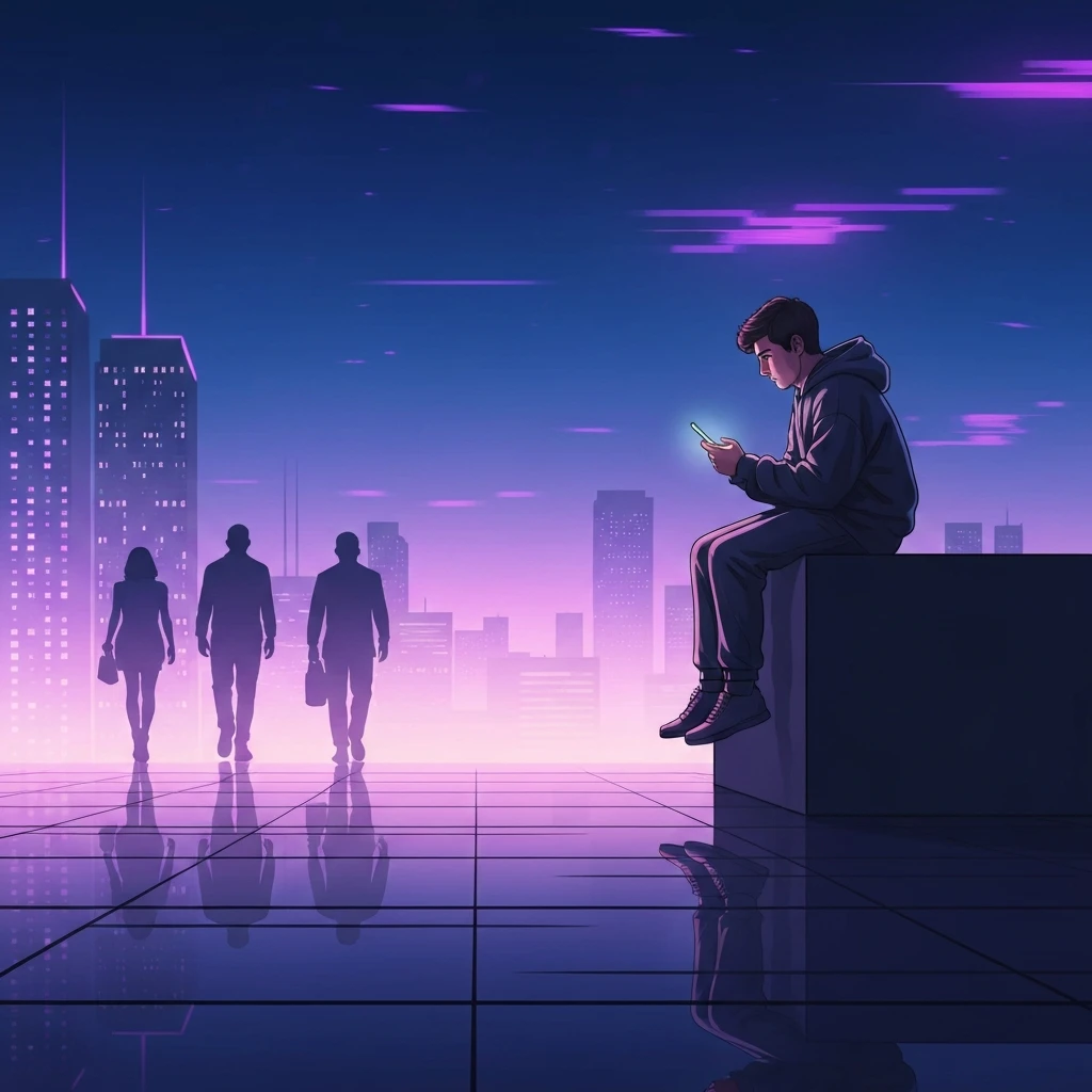 A person sitting on a digital skyscraper rooftop reflecting on the lyrics push me to the edge all my friends.
