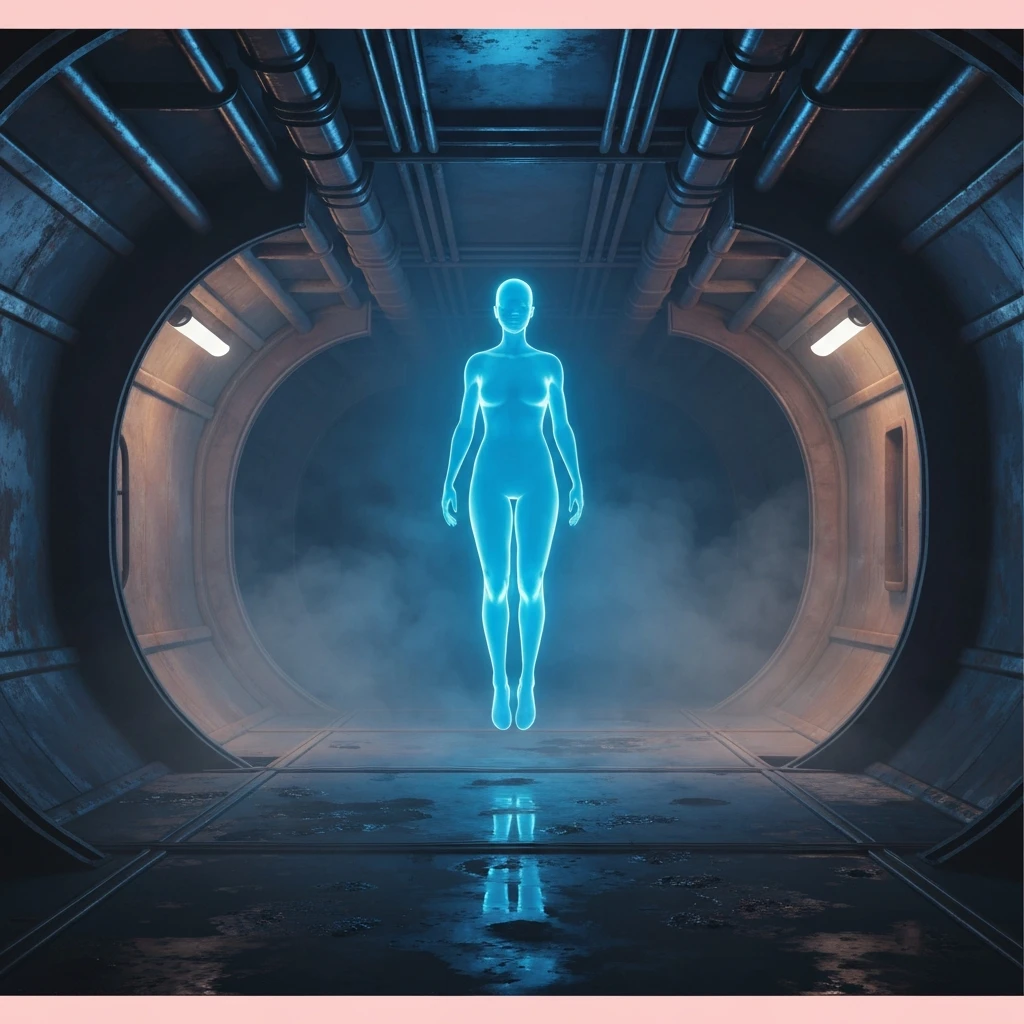 A glowing blue companion entity in a dark hallway, representing the relief of imaginary friend pressure.