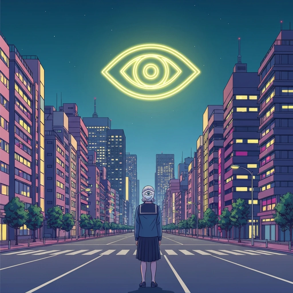 The mysterious 20th century boys friend identity symbol glowing over a dark city street.