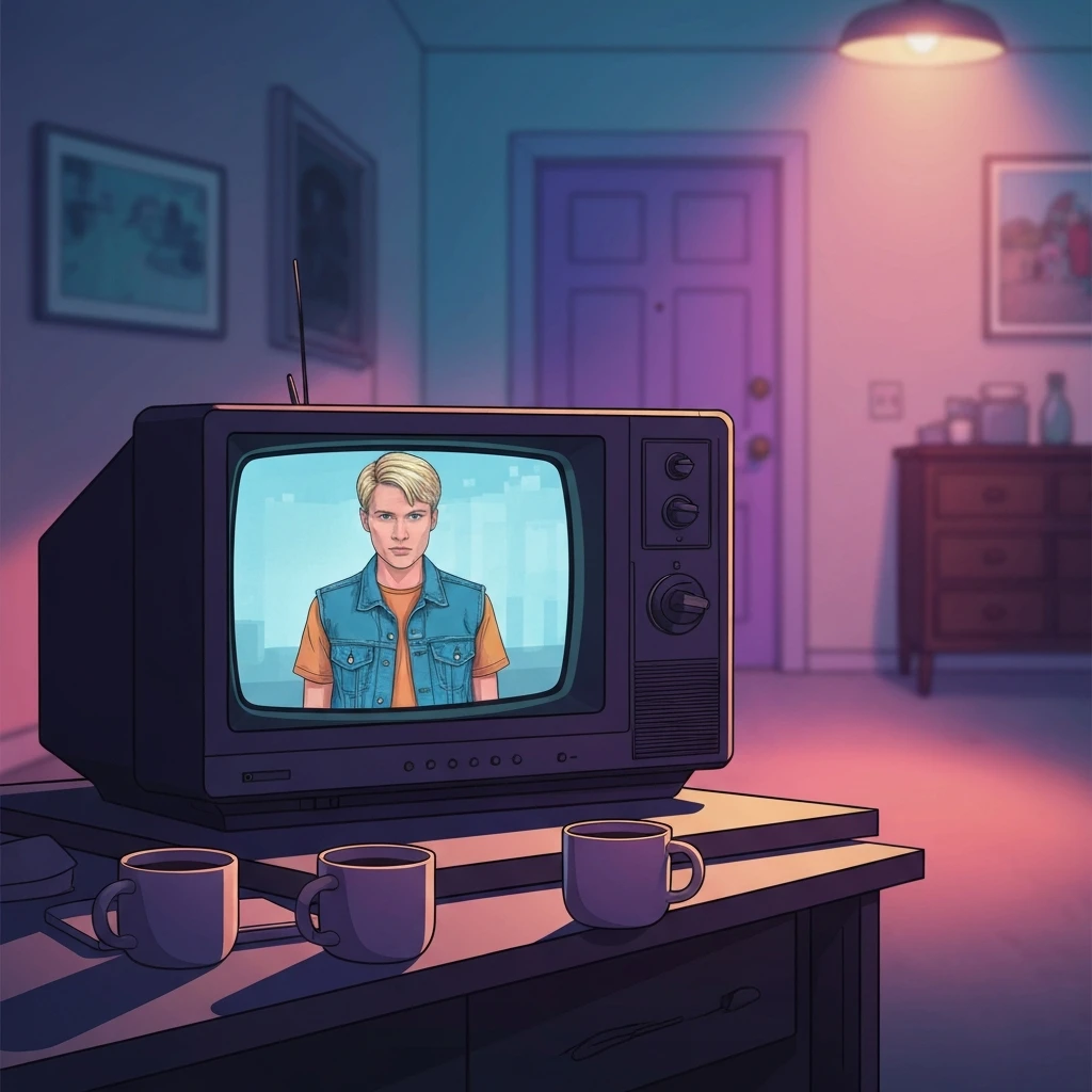 An artistic depiction of a nostalgic TV screen showing the friends tv show ben geller character.