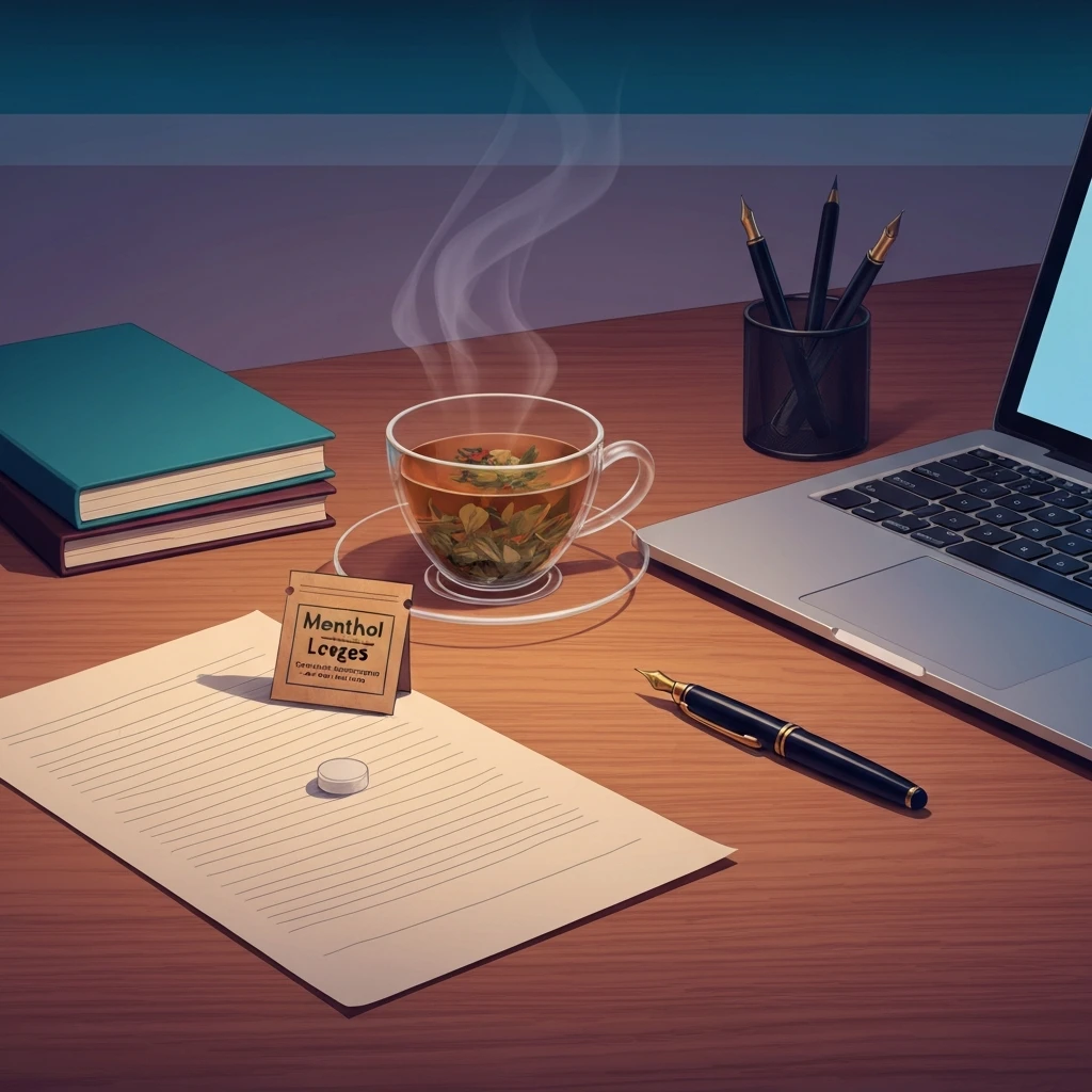 A packet of fisherman's friend cough drops on a professional desk with a laptop and tea, symbolizing resilience and recovery.