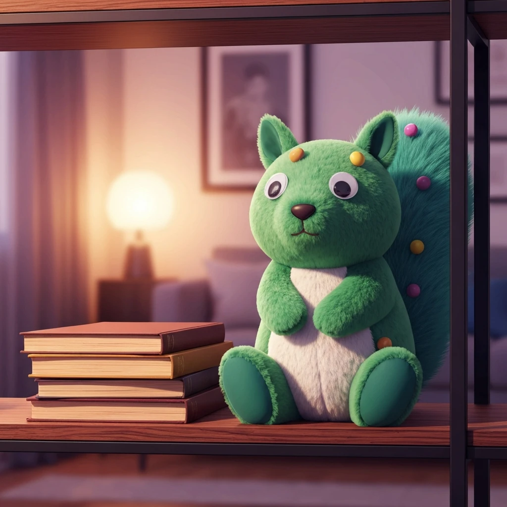 A high-quality Happy Tree Friends plush of the character Nutty sitting on a shelf in a modern adult apartment.