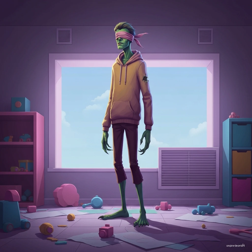 A detailed and atmospheric piece of rainbow friends fan art showing a humanized character design in an abandoned playroom.