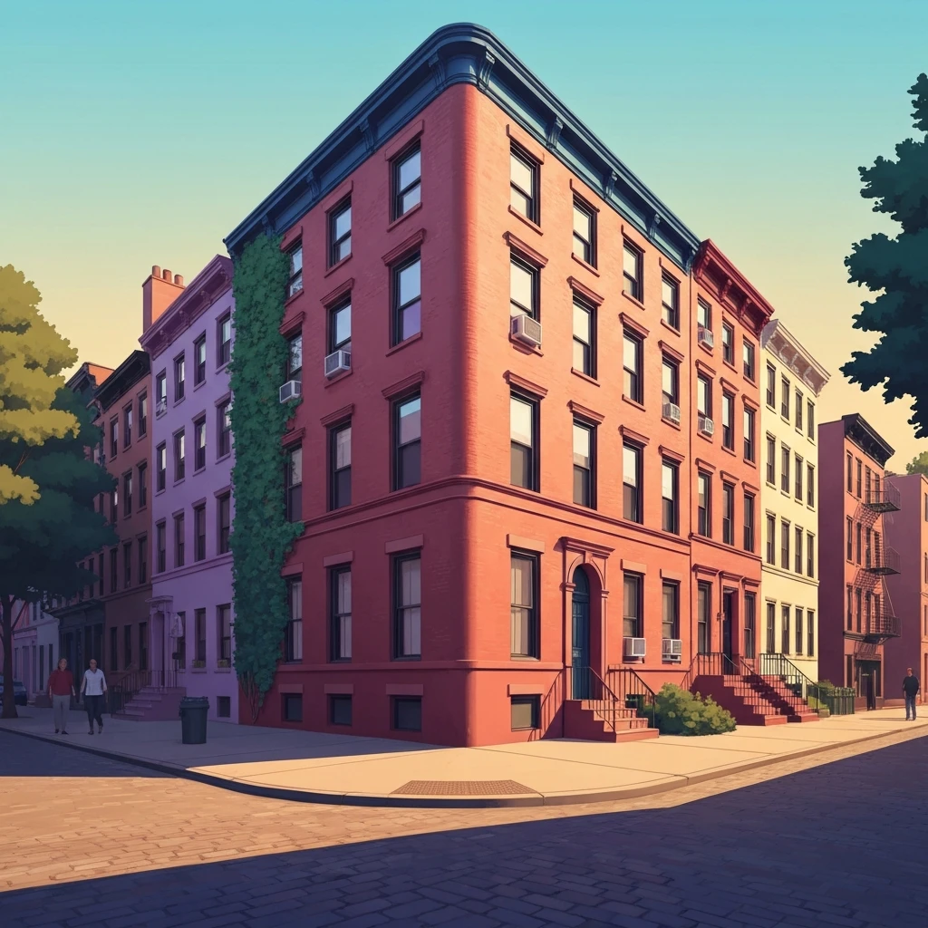 A cinematic view of the iconic friends building bedford street new york ny usa during golden hour in Greenwich Village.