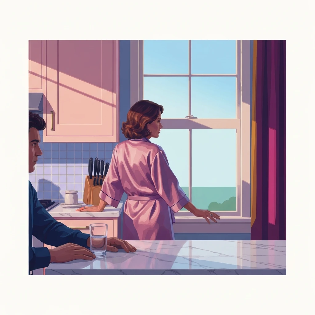 A cinematic scene capturing the tension of a best friend sex mom fantasy in a modern kitchen.