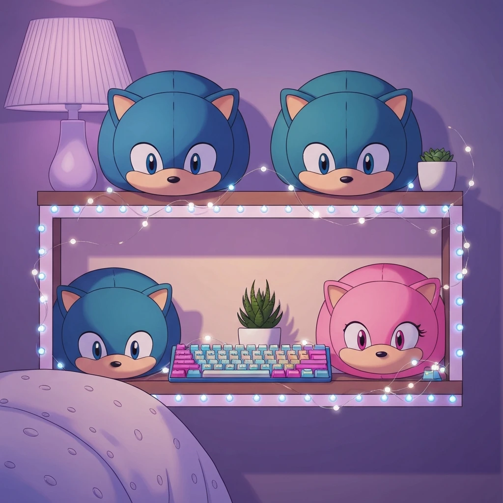 A curated shelf featuring the Sonic and Friends plush collection in a cozy, LED-lit room aesthetic.