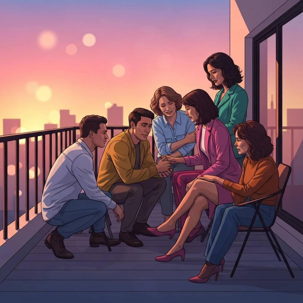 A group of diverse young adults sharing a heartfelt moment on a city balcony at sunset, illustrating the courage to say love you friend.