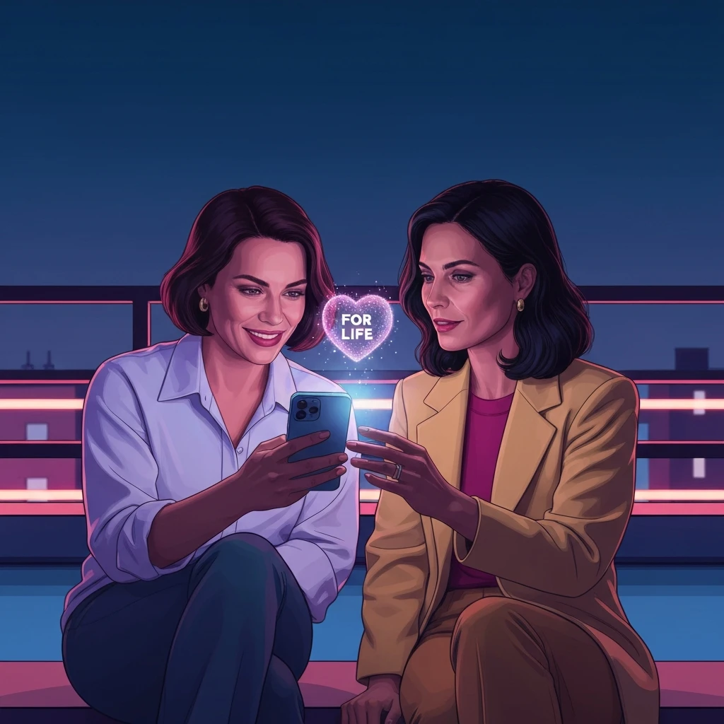 Two best friends sharing a best friends animated gif on a glowing smartphone at night.