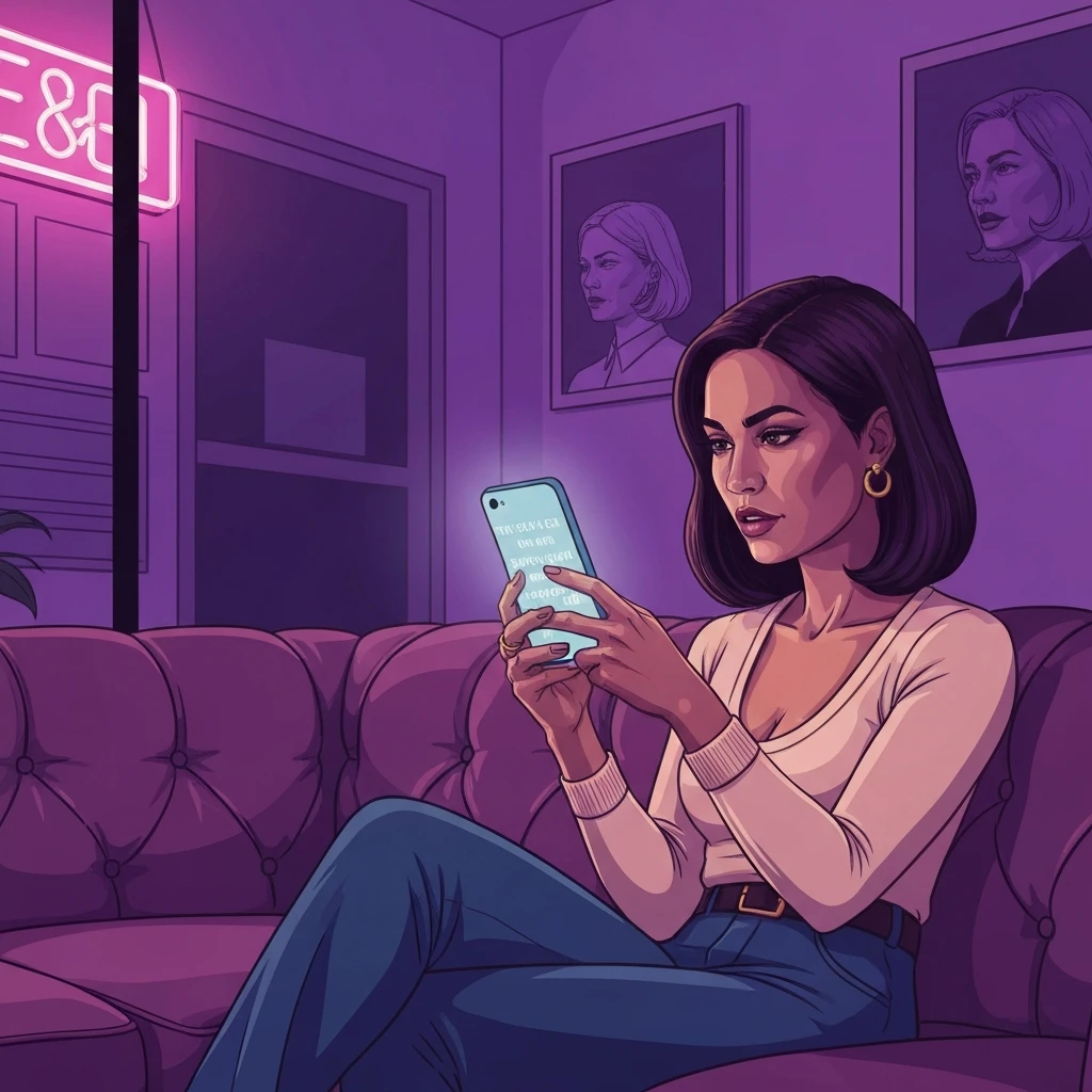A young woman searching for lovers and friends lyrics on her phone in a neon-lit room.