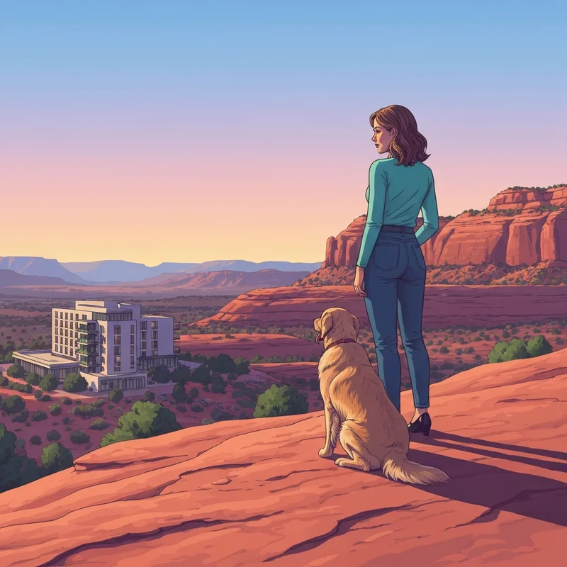 A woman and her dog overlooking the desert landscape near moab pet friendly hotels at sunset.