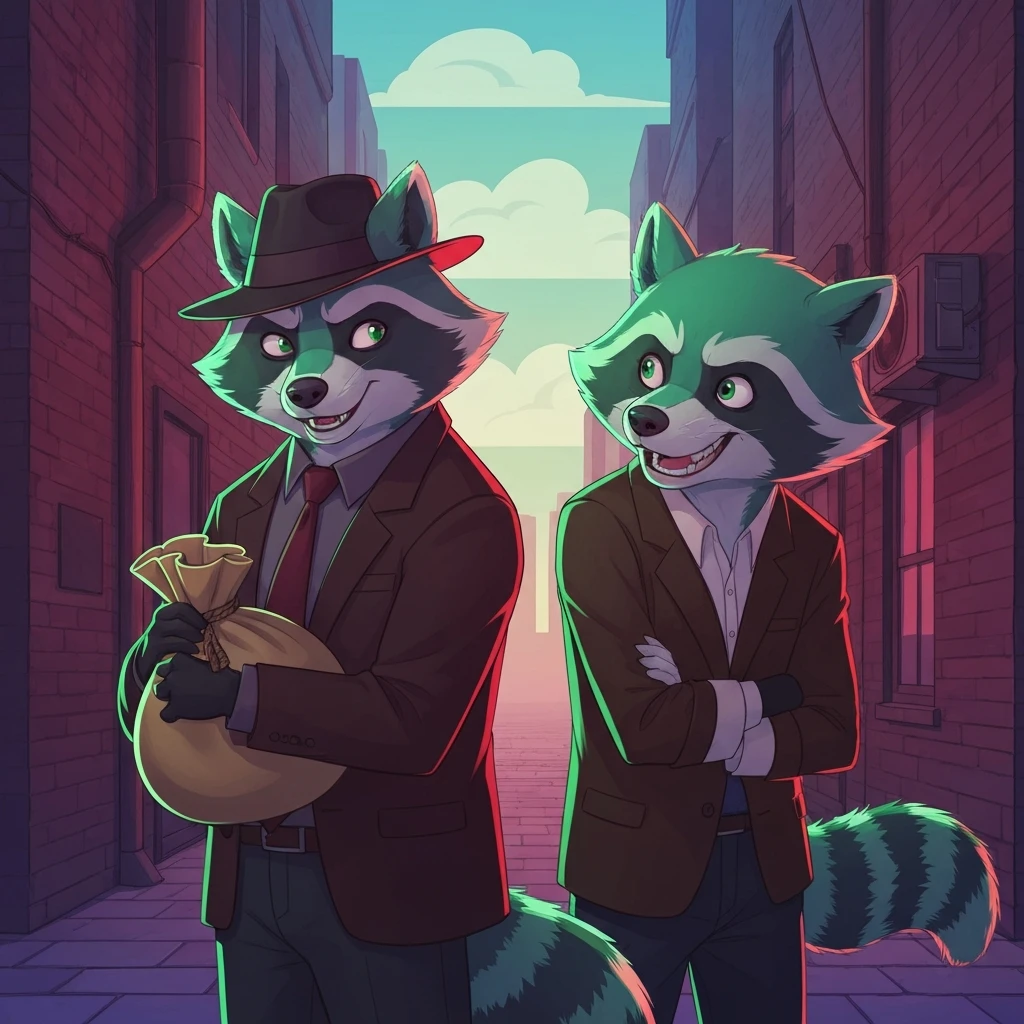 The iconic happy tree friends lifty and shifty standing in a dark alleyway with a bag of stolen loot.