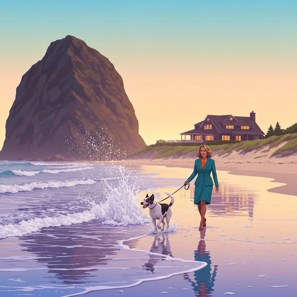 A happy dog and owner enjoying the sunset near cannon beach pet friendly hotels and Haystack Rock.