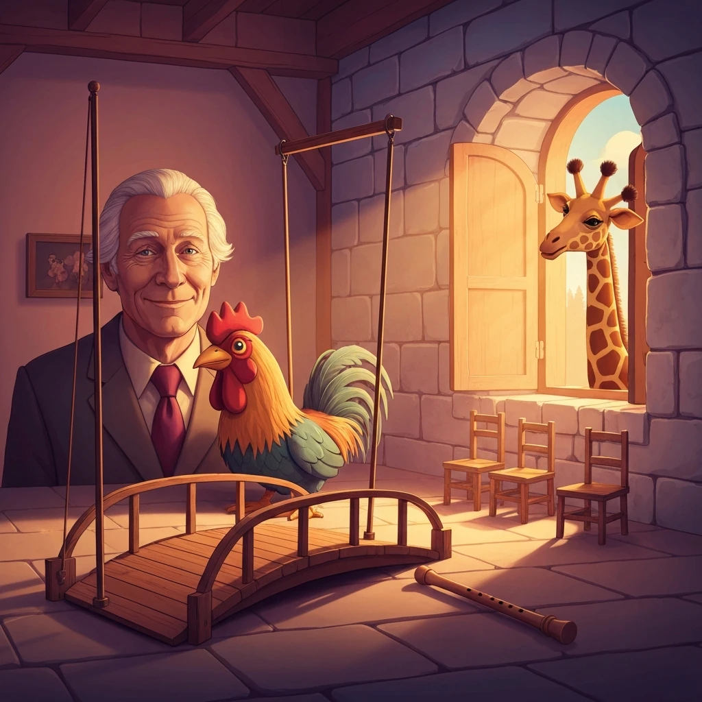 A nostalgic and calming scene recreating the atmosphere of the friendly giant tv show with a gentle giant and his puppet friends.