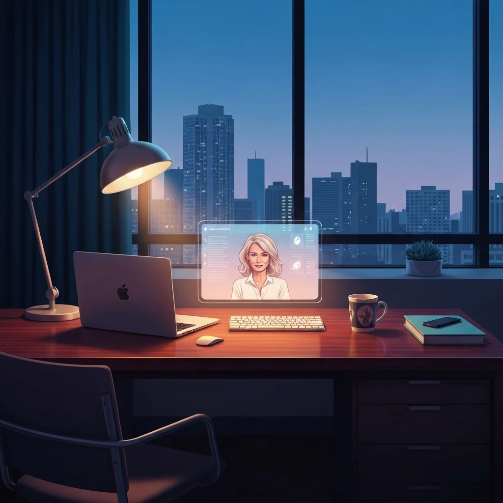 A sophisticated home office featuring a holographic interface representing the best ai robot companion for urban professionals.