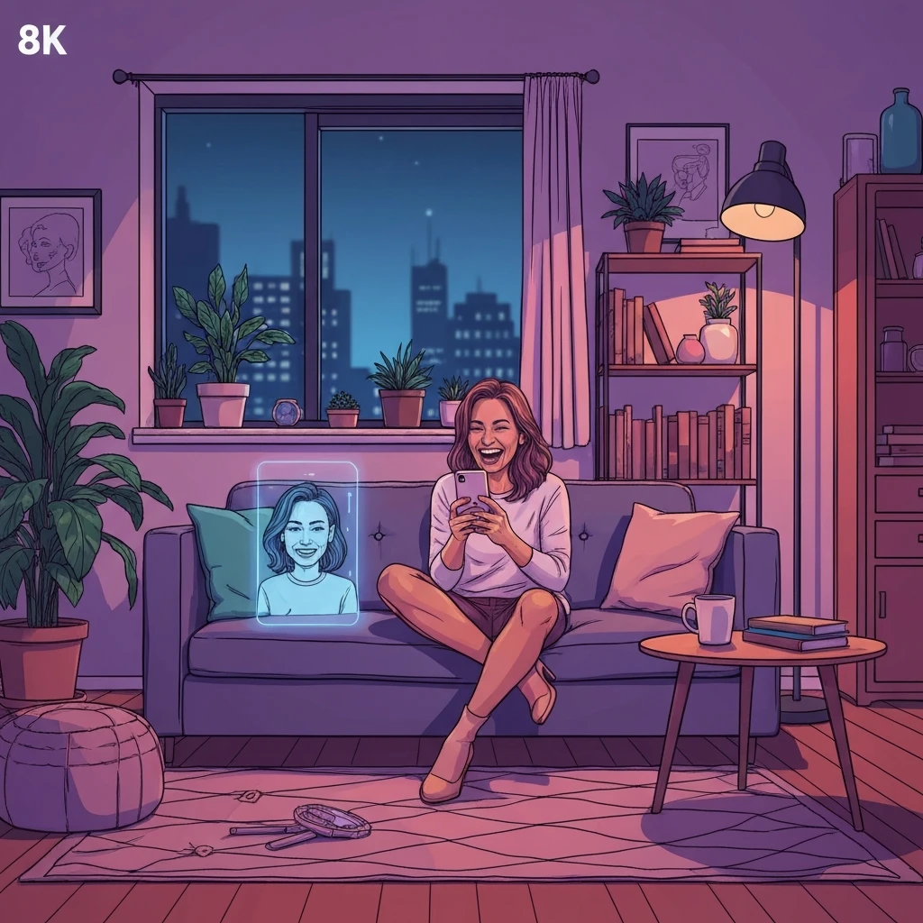 A young woman experiencing the joy of friends for all through a mix of digital and social connection.