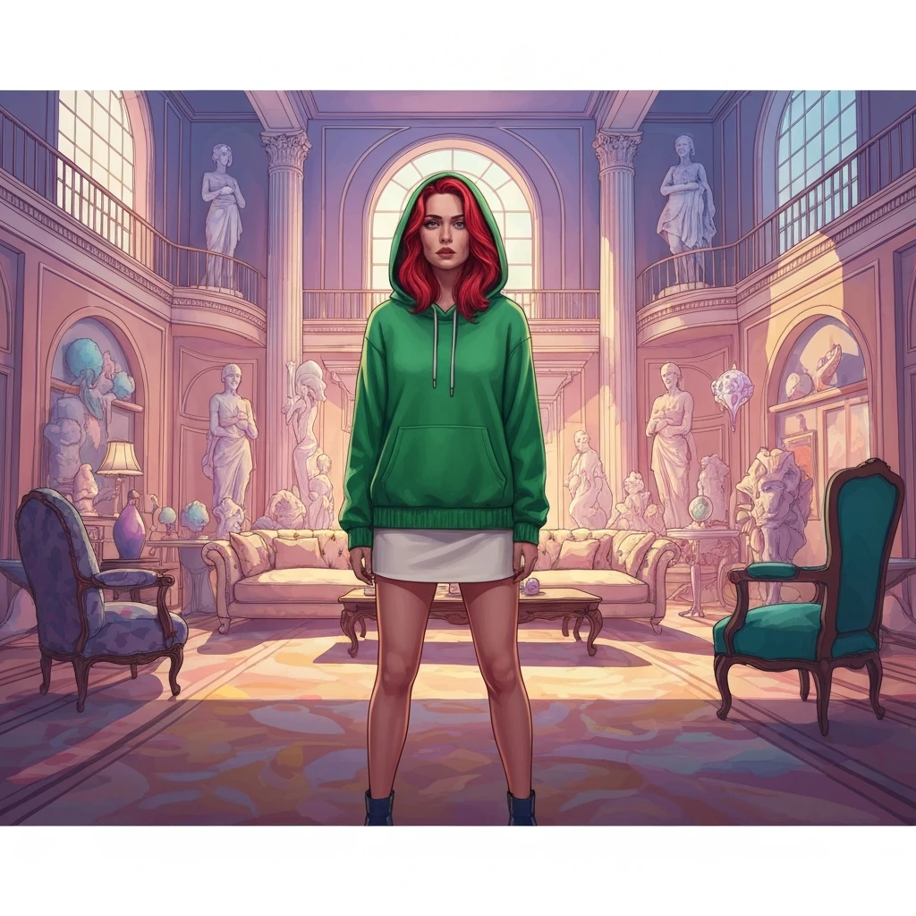 A cinematic digital illustration of a character resembling Frankie Foster in a whimsical mansion, exploring the themes of Foster's Home for Imaginary Friends Rule 34.