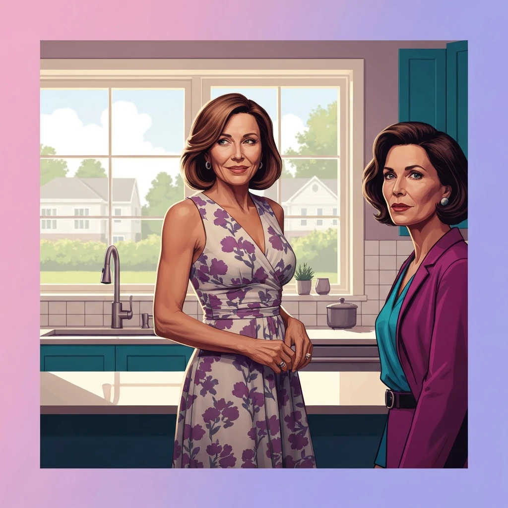 A sophisticated woman representing the friend's hot mom archetype in a cinematic, sun-lit setting.