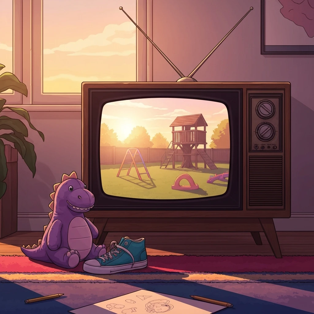 A nostalgic 90s living room scene featuring a vintage TV with the setting of barney and friends min in the background.