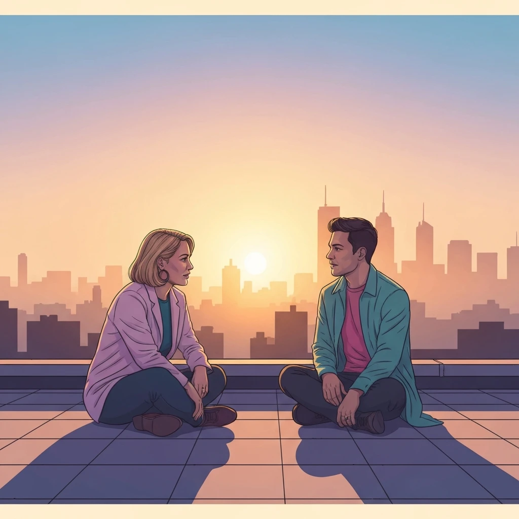 Two young adults having a meaningful conversation on a rooftop, illustrating the bond of a friend crush.