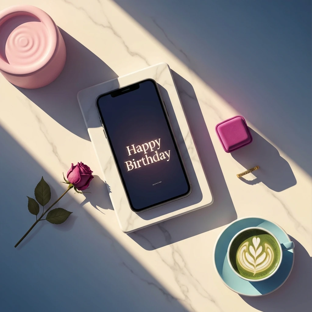A sophisticated happy birthday friend image displayed on a smartphone screen in a high-fashion flat lay setting.