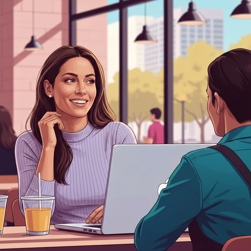 A young professional learning how to find friends in a new city by engaging in a micro-interaction at a local cafe.