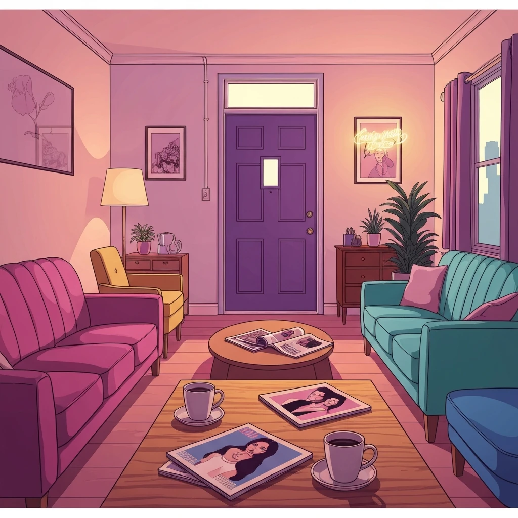 A nostalgic 90s apartment interior representing the comfort of the friends theme song.