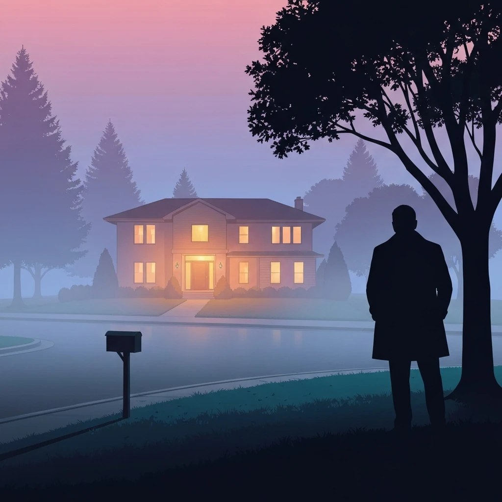 A man watches a glowing house in a dark suburban neighborhood, reflecting themes of your friends and neighbors rotten tomatoes.